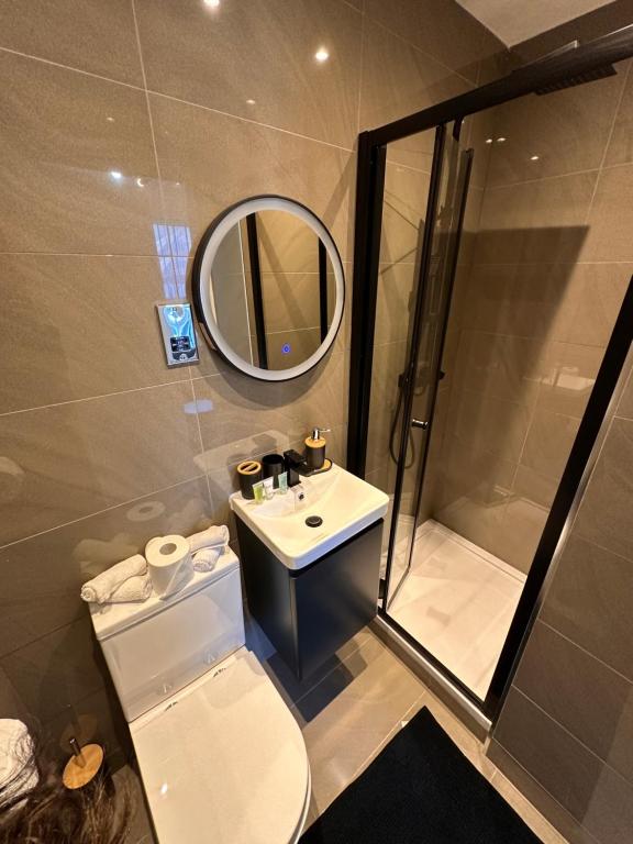R2 - Newly renovated Luxury Private En-Suite Room in Harborne Park Road - Birmingham في برمنغهام: حمام مع مرحاض ومغسلة ومرآة