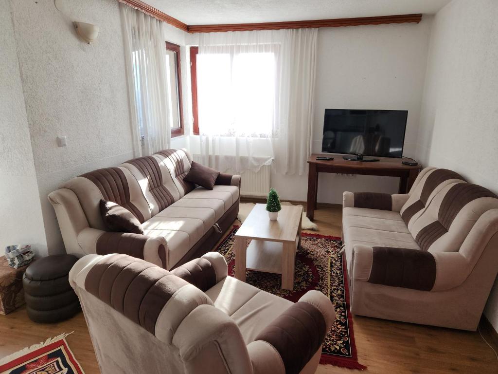 uma sala de estar com sofás e uma televisão em Sarajevo Garden BBQ Villa with Parking em Vogošća