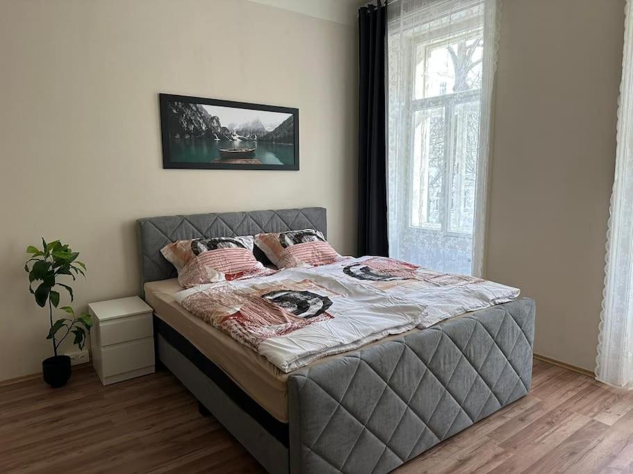 un grande letto in una camera da letto con finestra di One-Room Danube Apartment a Vienna