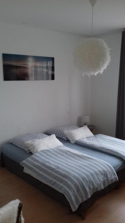 twee bedden in een slaapkamer met een foto aan de muur bij L'EUROPEEN - Conseil de l 'Europe - à 5 minutes du Centre ville - Homeoffice in Straatsburg