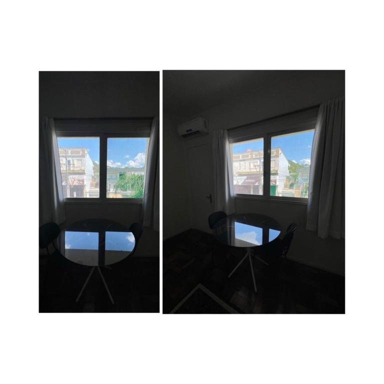 two pictures of a room with a window and a chair at Hotel Ibiá in Montenegro
