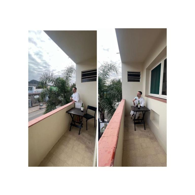 two pictures of a man sitting at a table on a balcony at Hotel Ibiá in Montenegro