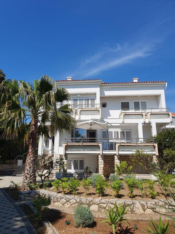 a white building with a palm tree in front of it at Apartmani Nada in Novalja