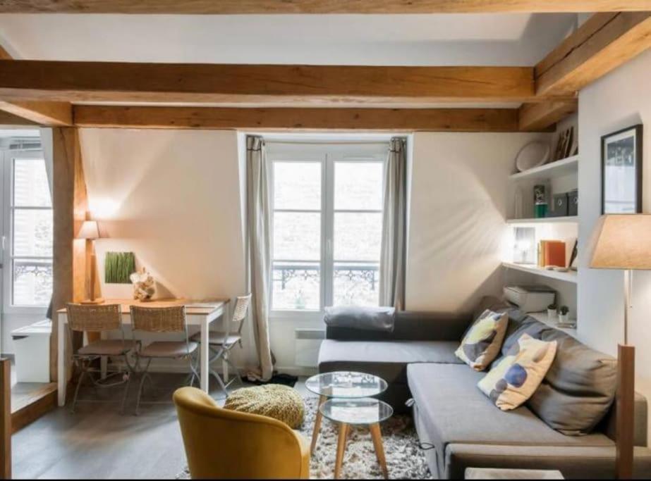 uma sala de estar com um sofá e uma mesa em Lovely Flat Luxembourg Garden em Paris