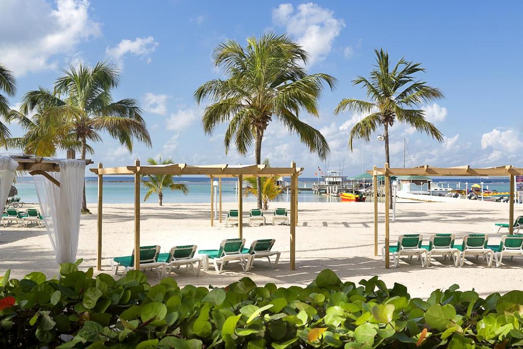 a beach with chairs and umbrellas and palm trees at Hotel whala!boca chica - All Inclusive in Boca Chica