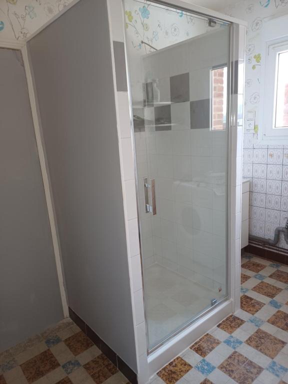 a shower with a glass door in a bathroom at Gîte chez Danielle in Blessy