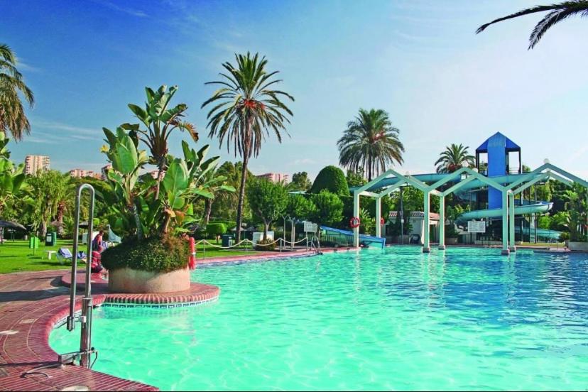 una gran piscina con agua azul y palmeras en Benal Beach Estudio Playa, en Benalmádena
