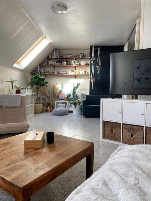 un salon avec une table et une télévision dans l'établissement Duplex entre de Paris et Disney, à Noisy-le-Grand