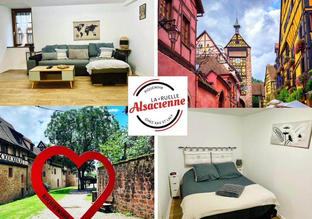 eine Collage mit Fotos eines Hotels mit Herz in der Unterkunft LA RUELLE ALSACIENNE, Charme Alsacien et Confort Moderne in Riquewihr