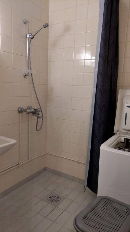 La salle de bains est pourvue d'une douche et d'un lave-linge. dans l'établissement City Apartment Päiviönkatu, à Iisalmi