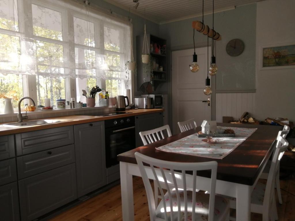 eine Küche mit einem Tisch, Stühlen und einem Waschbecken in der Unterkunft Sinnerskog - Urlaub im alten Bahnhof in Högsby
