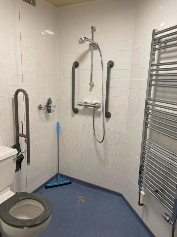 a bathroom with a shower and a toilet at South Downs Eco Lodge & Camping in East Meon