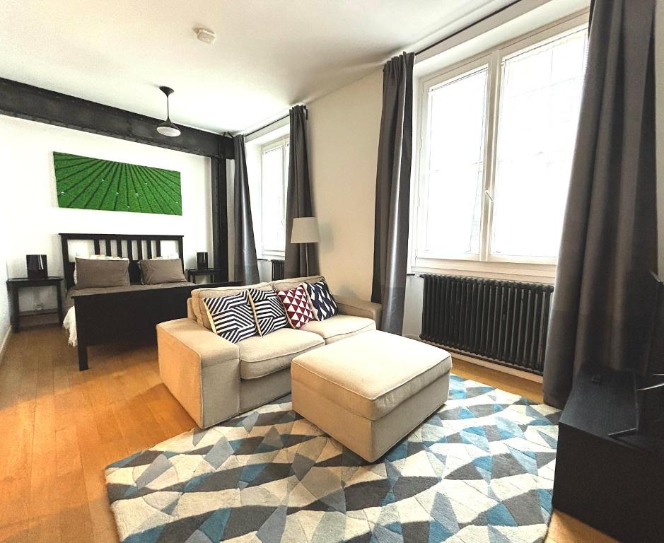 un salon avec un canapé et une chaise dans l'établissement Marais Modern & Spacious Studio, à Paris