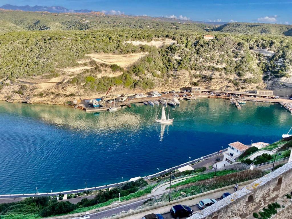 una vista aérea de un río junto a un puente en Appartement centre citadelle vue port et falaises, en Bonifacio