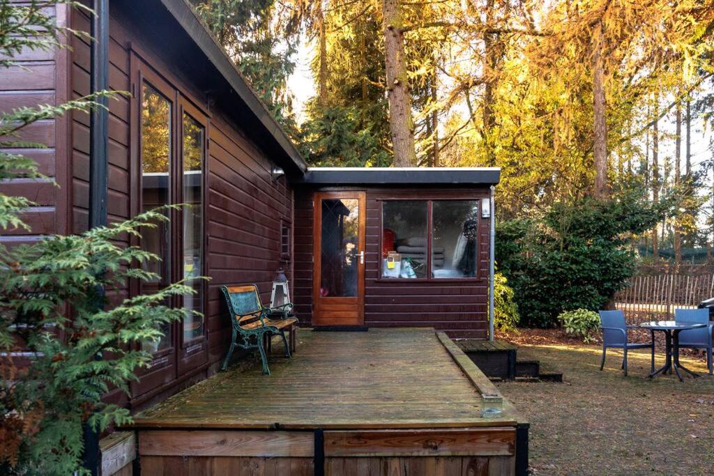 a tiny house with a wooden porch and a deck at Veluwe cottage close to forest & wellness in Putten