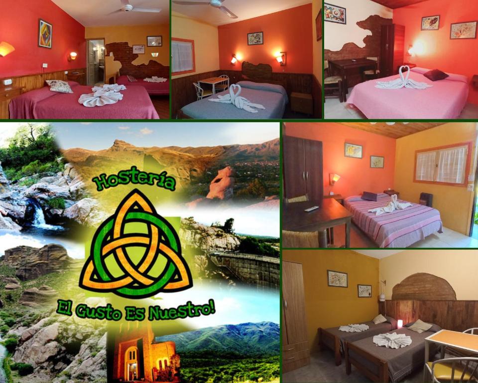 un collage de cuatro fotos de una habitación de hotel en Hostería El Gusto Es Nuestro en Capilla del Monte