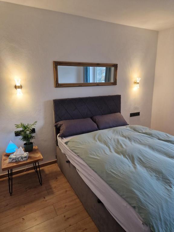 a bedroom with a large bed and a table at ruhige Privatzimmer im Apartment Natur Messe Zentral in Düsseldorf