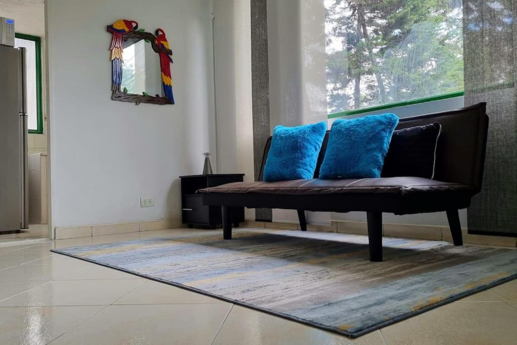 een bank met twee blauwe kussens op een tapijt bij Luminoso y confortable apartamento a 6 min aeropuerto in Bogota