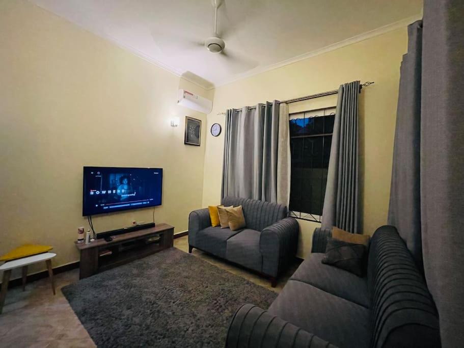 a living room with a couch and a tv at 1 Bed Cozy Apartment Free Wi-Fi Netflix Hot Shower in Dar es Salaam