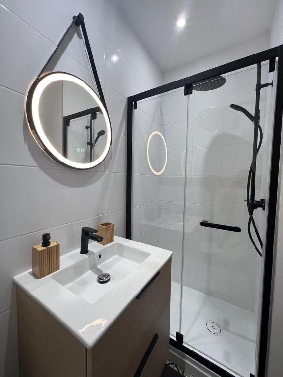 a bathroom with a sink and a shower with a mirror at Magnifique T2 - proche hyper centre in Toulouse