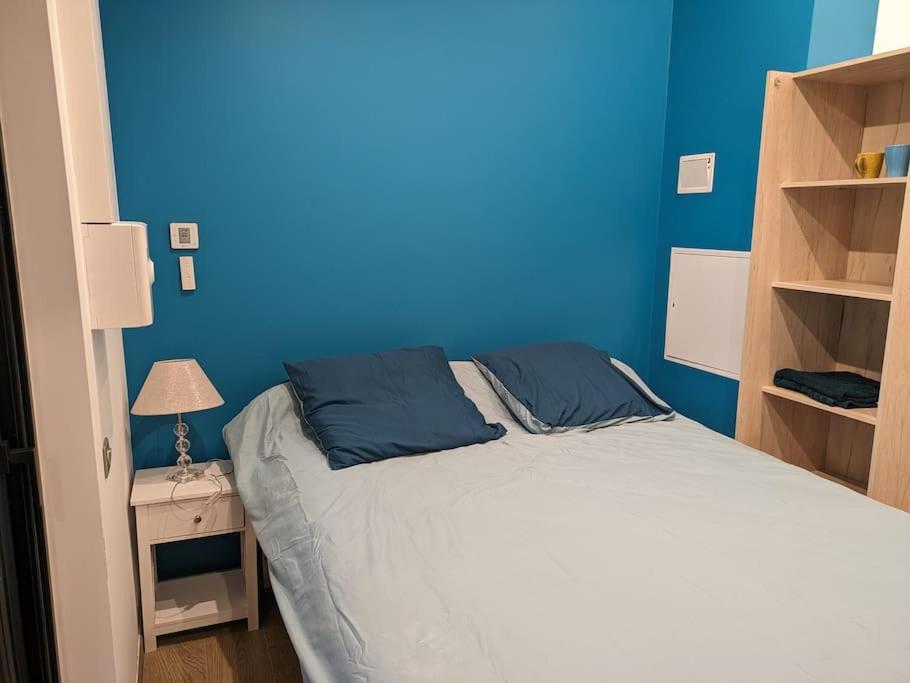 ein blaues Schlafzimmer mit einem Bett und einer blauen Wand in der Unterkunft Chambre indépendante à mougins in Mougins