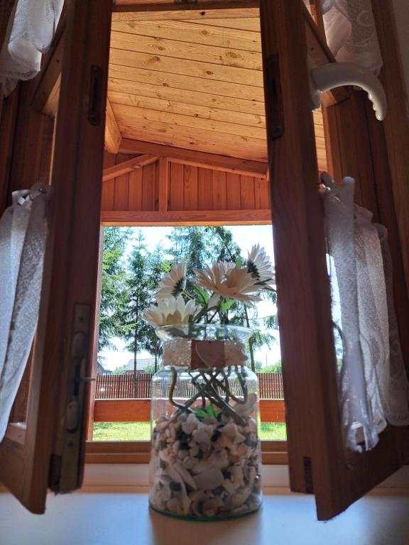 a vase with flowers in it in a window at Nadmorska Pieredyszka in Junoszyno