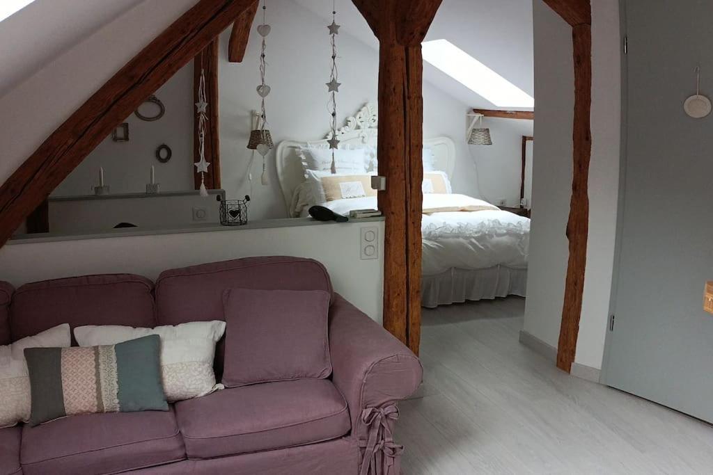 ein Wohnzimmer mit einem Sofa und einem Bett in der Unterkunft Loft atypique de charme, garage privatif in Barr