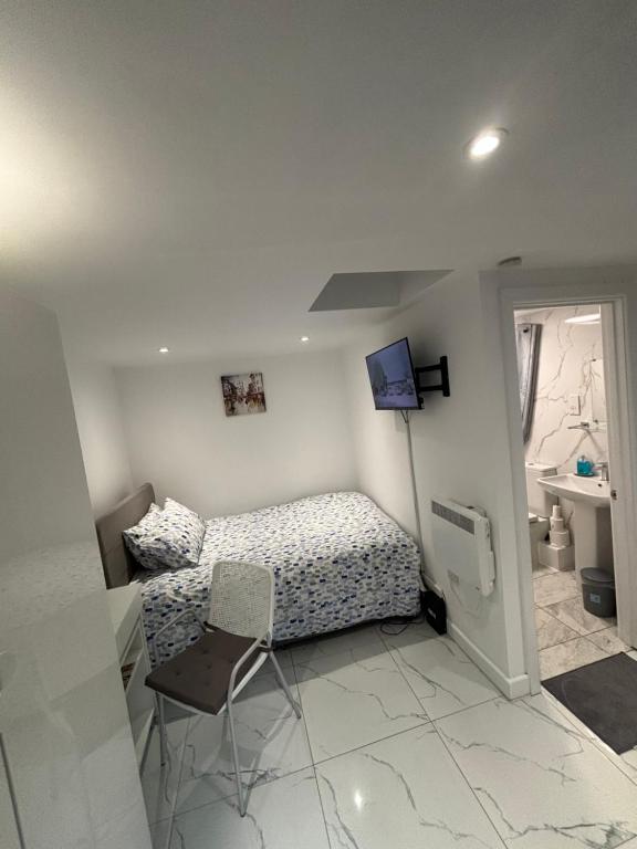 Schlafzimmer mit einem Bett, einem Schreibtisch und einem TV in der Unterkunft Tranquil Escape in Tilehurst