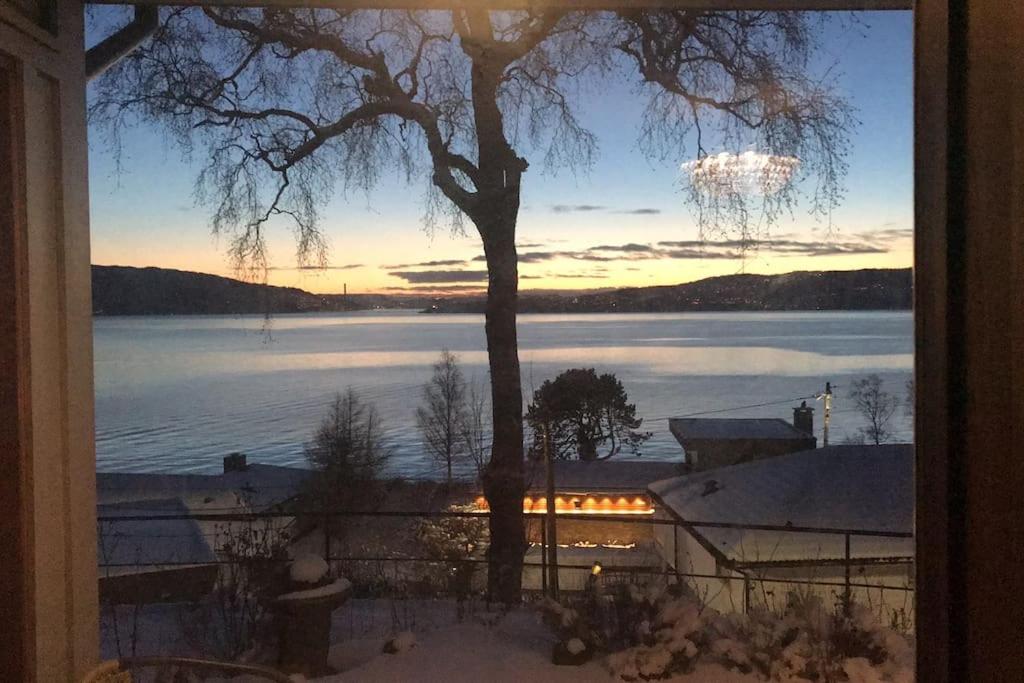 uma vista para um lago a partir de uma janela com uma árvore em Villa by the sea, close to the city, with panoramic views em Bergen