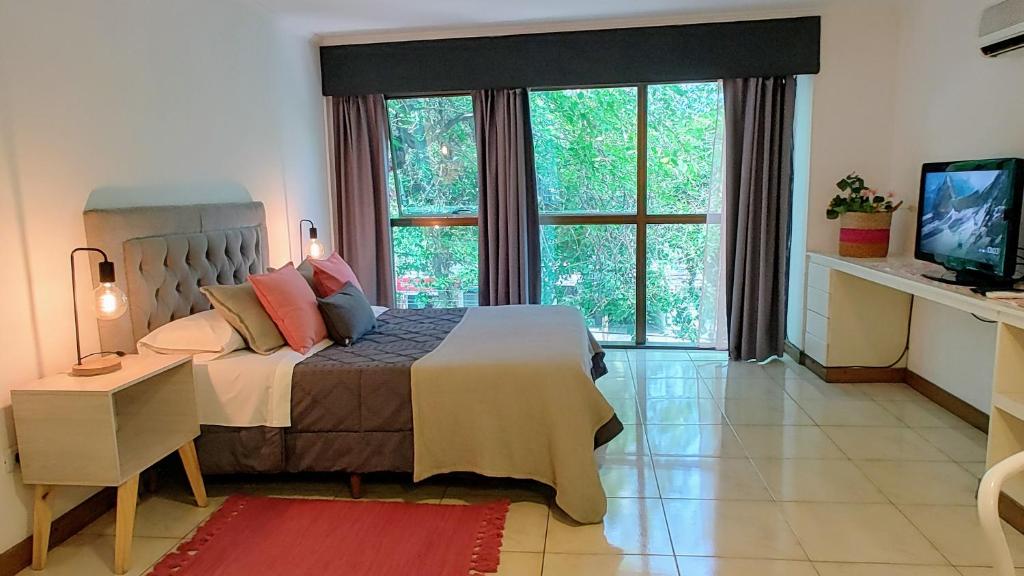 門多薩的住宿－MENDOZA Suites 8，一间卧室设有一张床和一个大窗户