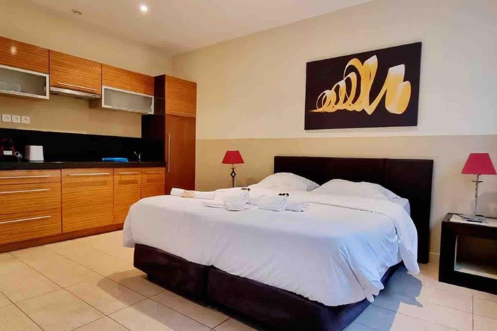 une chambre avec un grand lit et une cuisine dans l'établissement Studio centre-ville proche Gare SNCF, à Cannes