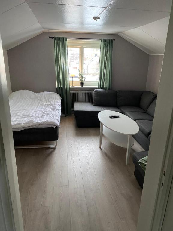 En liten lägenhet i centrala Sveg. في سفيغ: غرفة صغيرة مع أريكة وسرير وطاولة