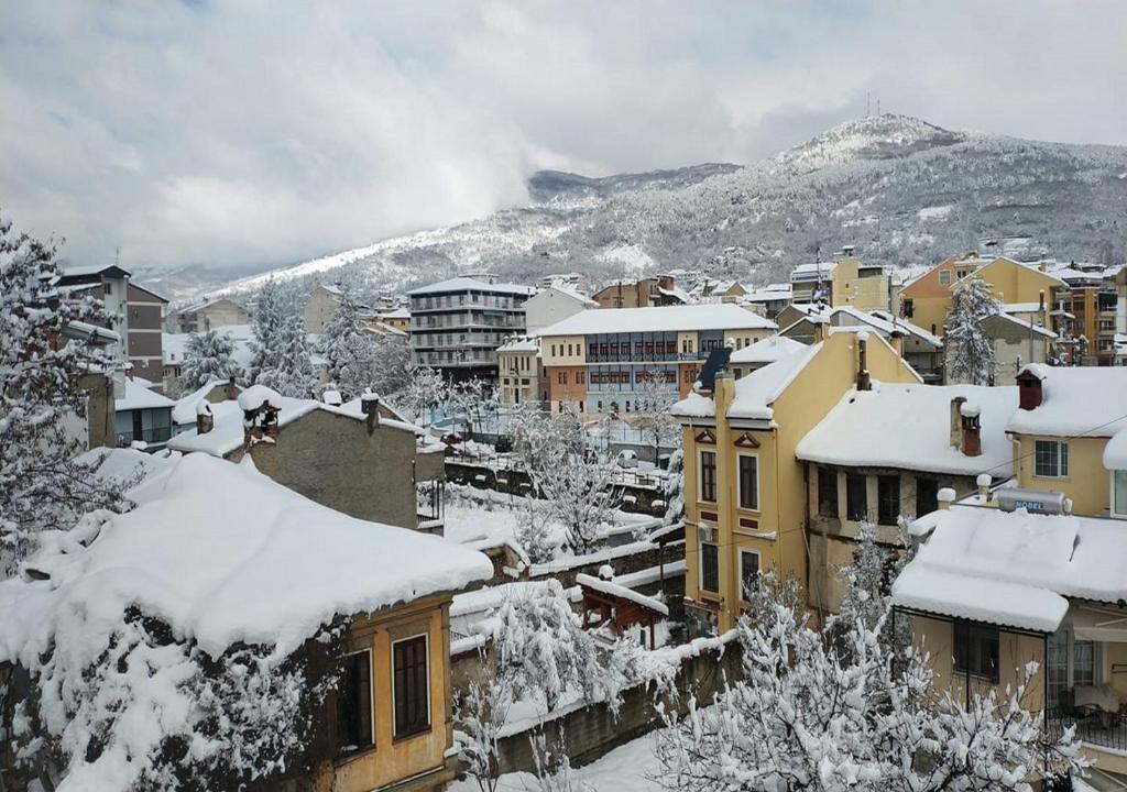 une ville recouverte de neige avec des bâtiments dans l'établissement Καταλύματα ως ολόκληρος χώρος. Οικοδεσπότης: Νίκος, à Flórina