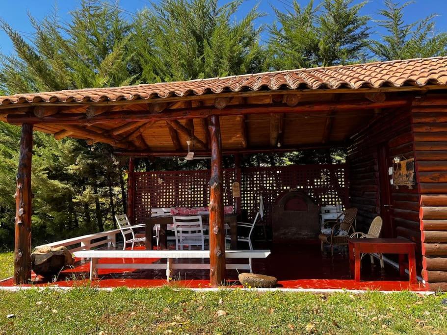 - un pavillon en bois avec une table de pique-nique et une table dans l'établissement RanchoJC Tranquilidad Naturaleza, à Colbún