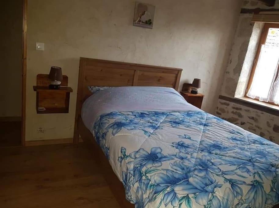 a bedroom with a bed with a blue and white comforter at Maison dans un havre de paix in Saint-Julien-le-Petit
