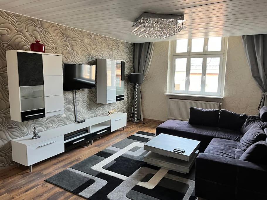 ein Wohnzimmer mit einem Sofa und einem TV in der Unterkunft Wohnung im Zentrum 70 qm in Hof