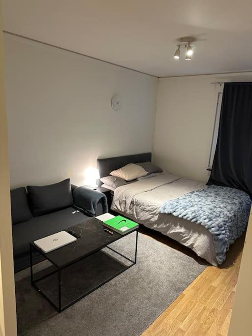 a bedroom with a bed and a couch and a table at Comfort zone in Stockholm