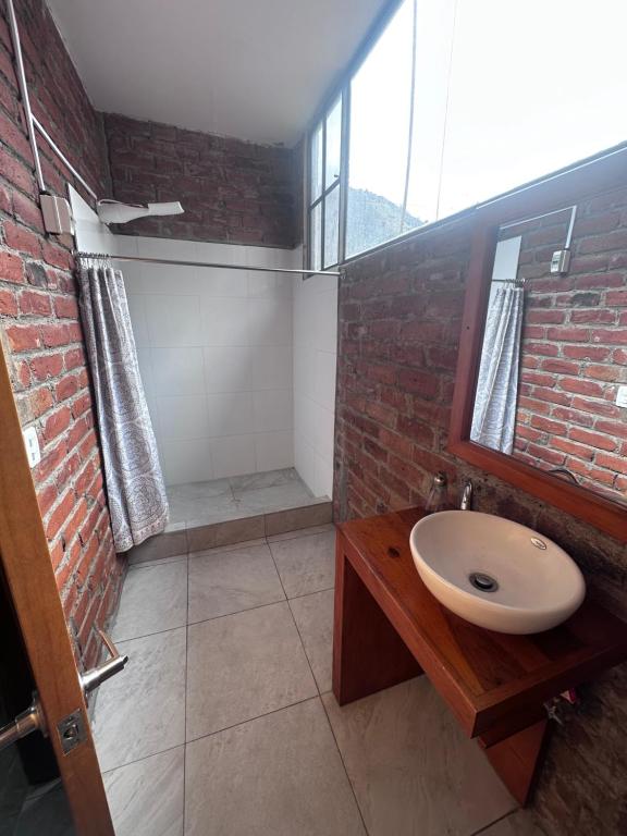 ein Badezimmer mit einem Waschbecken und einer Ziegelwand in der Unterkunft Baños de agua Santa in Baños