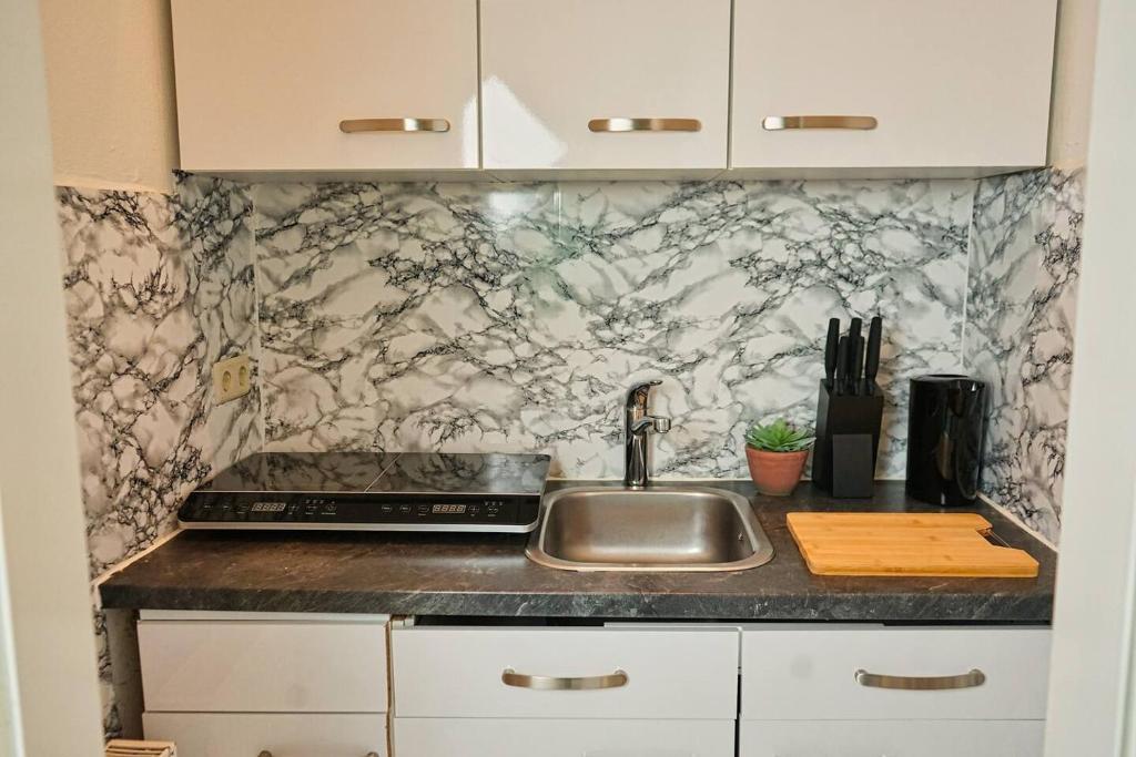 a kitchen with a sink and a counter top at City Nook Apartments Near Hauptbahnhof in Vienna