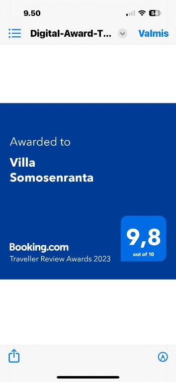 Certifikát, hodnocení, plakát nebo jiný dokument vystavený v ubytování Villa Somosenranta