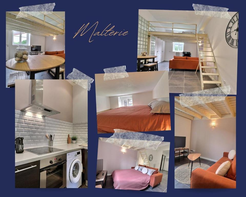 un collage de diferentes fotos de una habitación en La Malterie Loft in old factory - Mon Groom, en La Chapelle-Saint-Luc