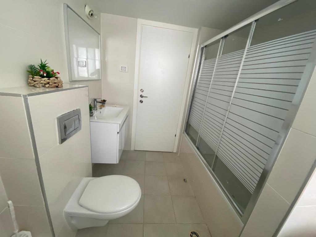 a bathroom with a toilet and a shower and a sink at Sea View in Acre