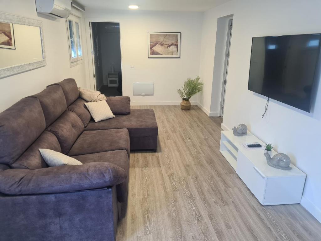 ein Wohnzimmer mit einem braunen Sofa und einem Flachbild-TV in der Unterkunft Piso lujo 2 habitaciones (1) in Las Rozas de Madrid