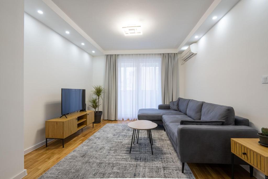 een woonkamer met een blauwe bank en een tv bij Filip in Bar