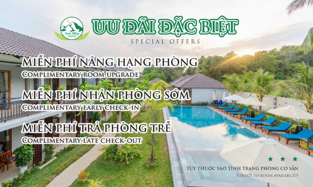 un anuncio para una piscina en un complejo en Suối Mây Phú Quốc Garden Resort - Full 24h Stay, en Phu Quoc