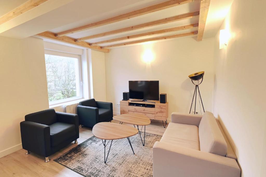 un salon avec un canapé et une télévision dans l'établissement Le Grenier - Domaine de la Mauselaine, à Gérardmer