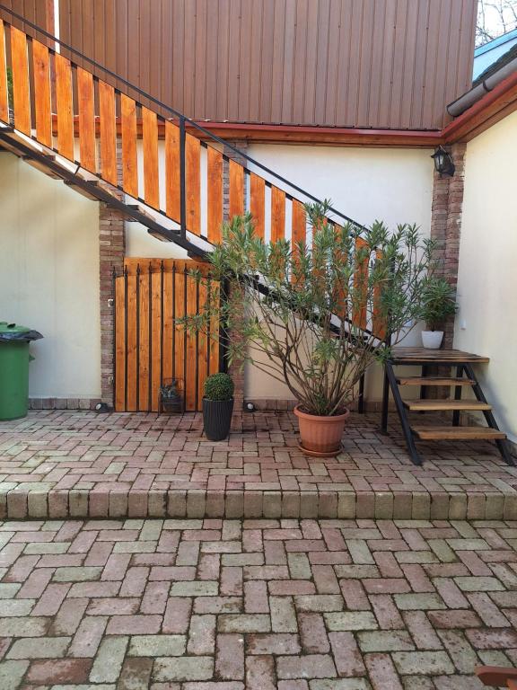 a patio with a staircase and potted plants at Várfal apartman II in Eger