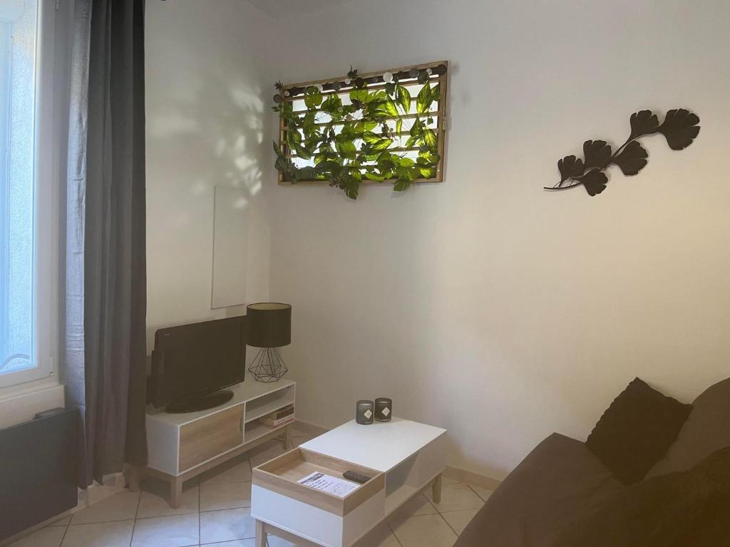 un salon avec un canapé et une télévision dans l'établissement Chez Pat, Appartement centre ville de Vias(34), mer à 2,5km, à Vias