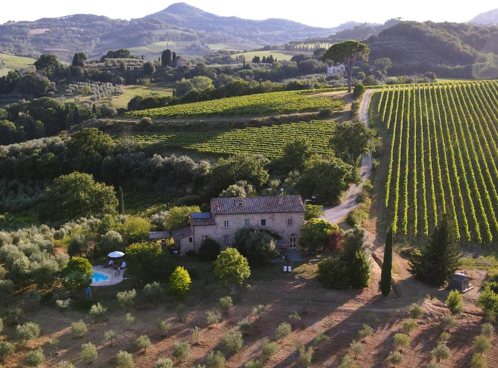 an aerial view of a vineyard and a house in a field at La Falconara in Montepulciano