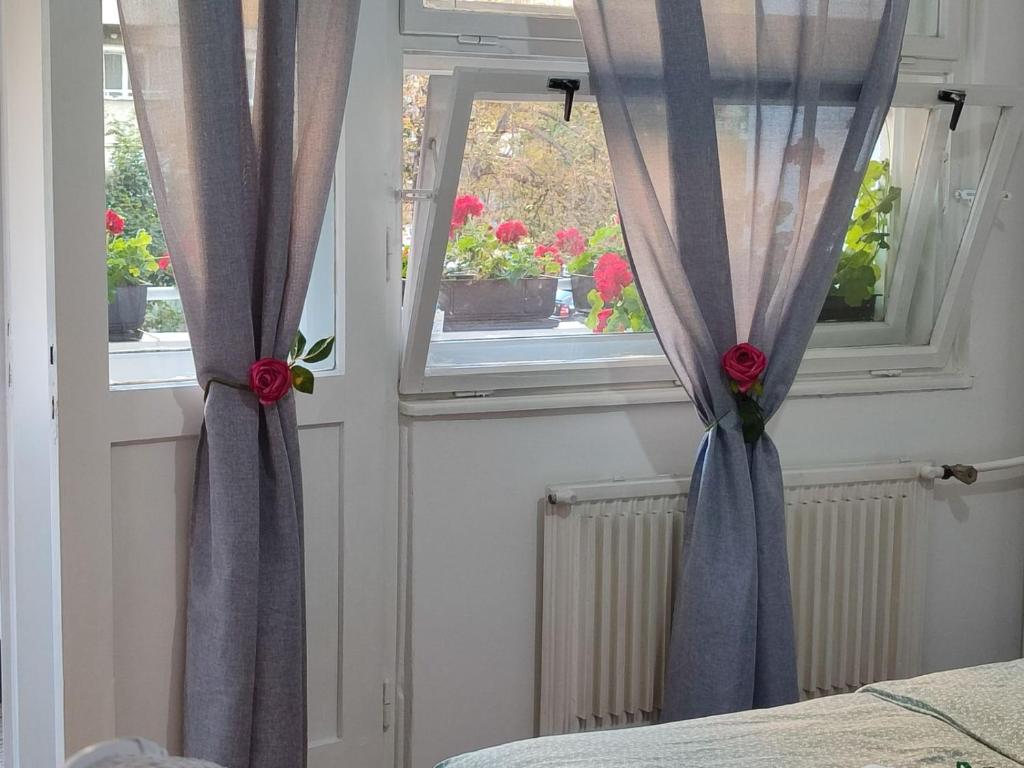 two windows with curtains in a room with flowers at Flowers Apartment Tuzla in Tuzla